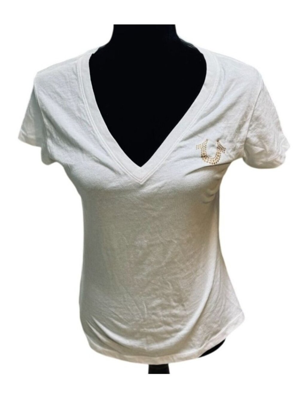 True Religion Womens Small White Glitter Icon Slim V-Neck Tee Buddha Back Graphi